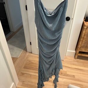 Zara strapless ruffle hem dusty blue dress